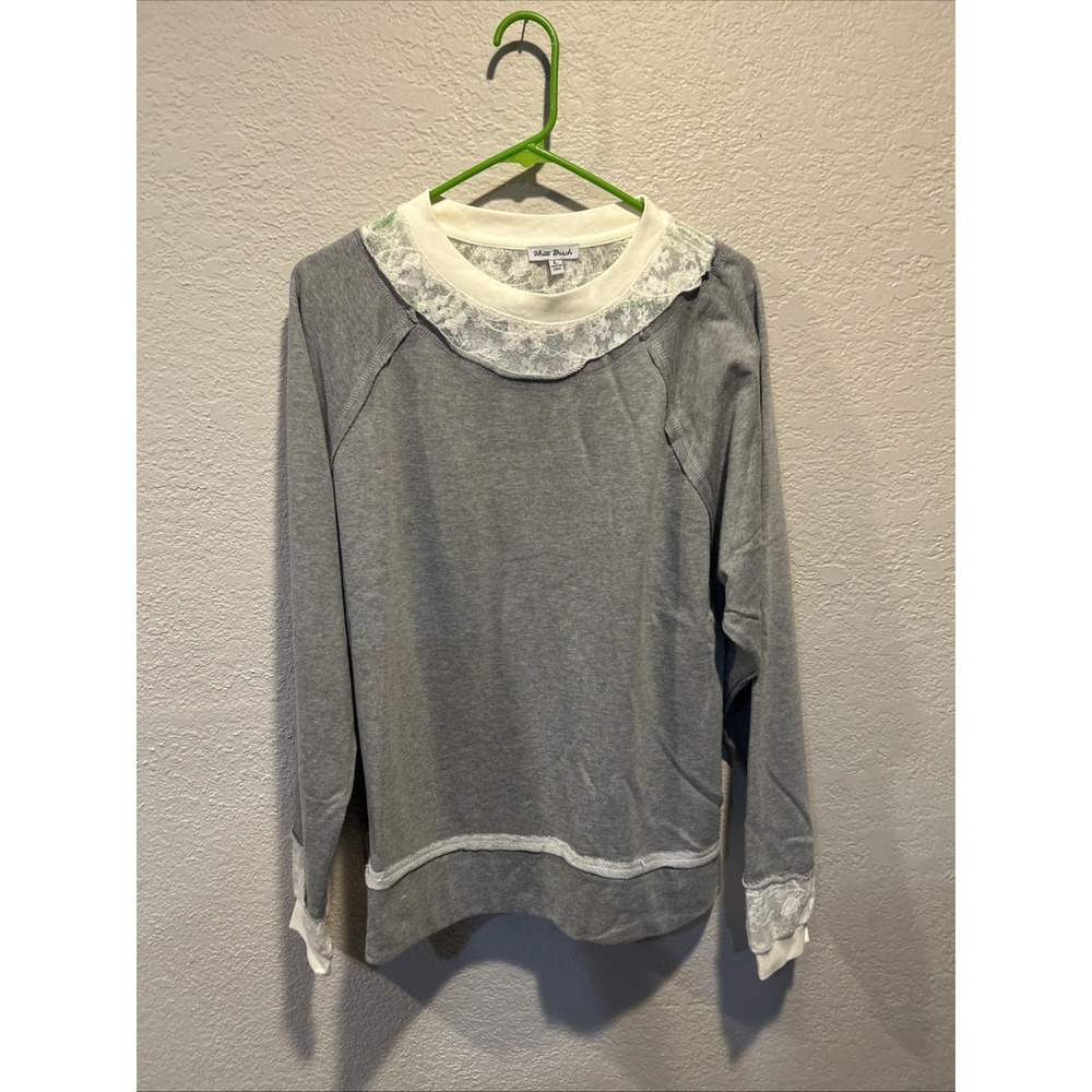 White Birch Crewneck Sweatshirt White Lace Around The Neckline Cuffs L NWOT